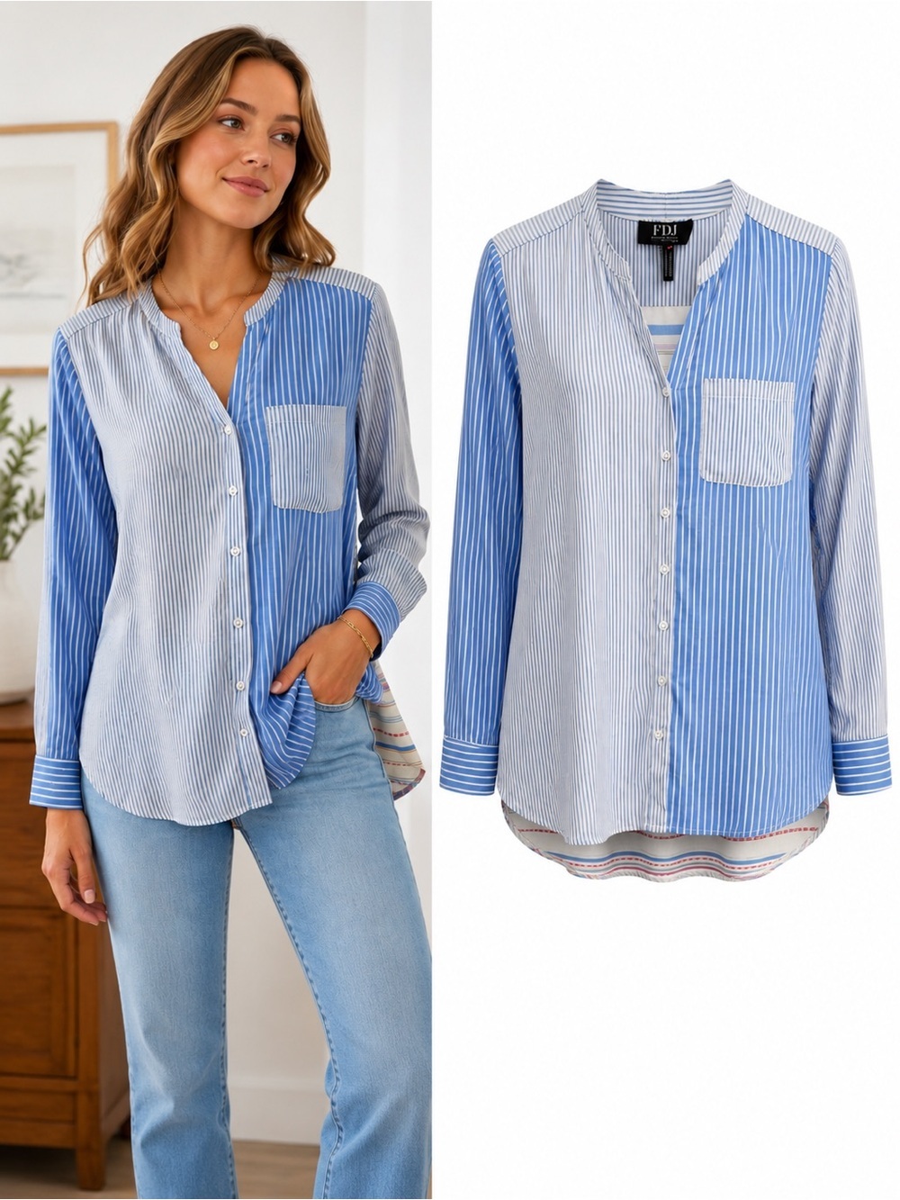 FDJ French Dressing Jeans | Mixed Stripe Tunic Blouse | Size S | Blue White